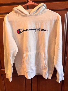 Champion White Hoodie with Navy & Red Logo